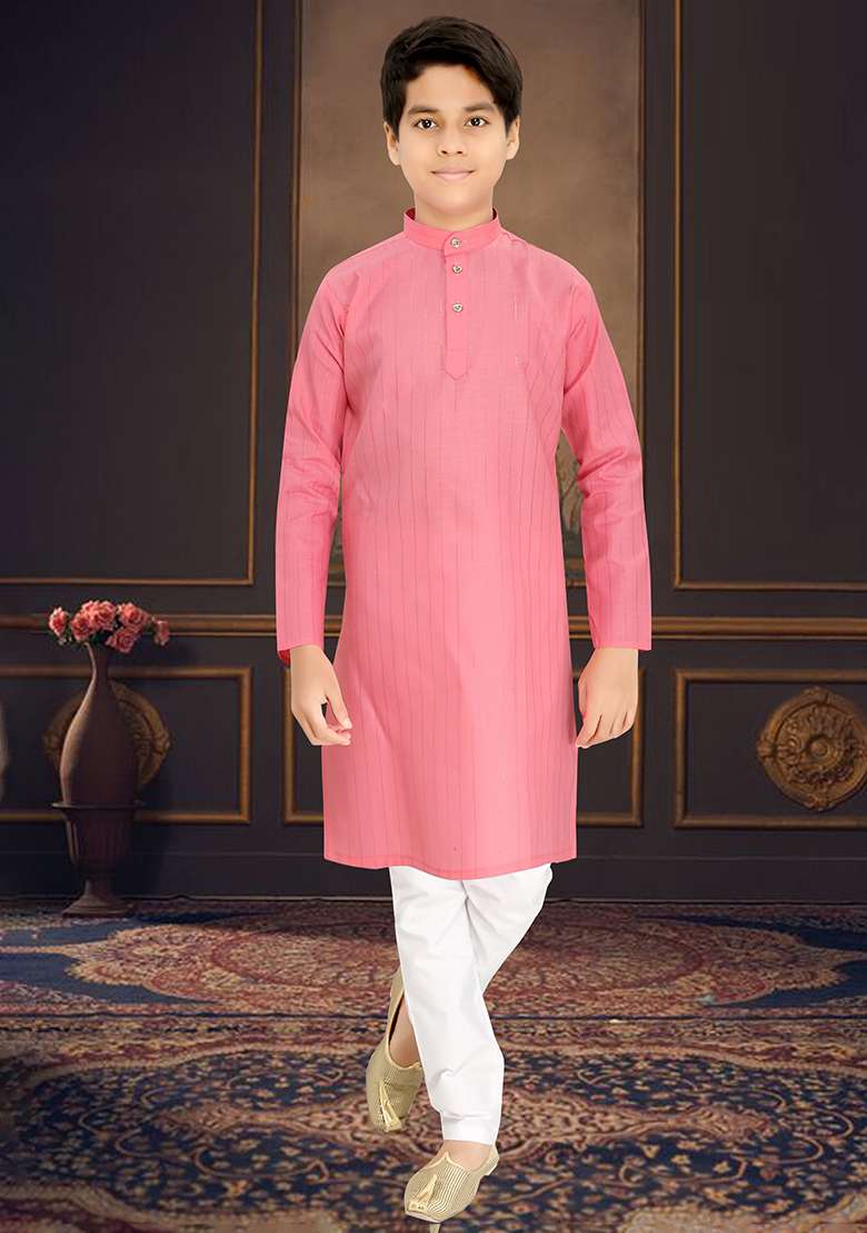 Pink Cotton Blend Kurta Set For Boys - Indya