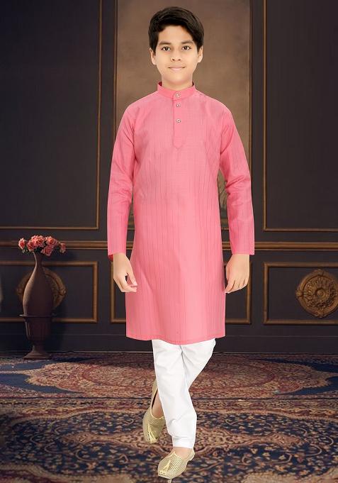 Pink Cotton Blend Kurta Set For Boys
