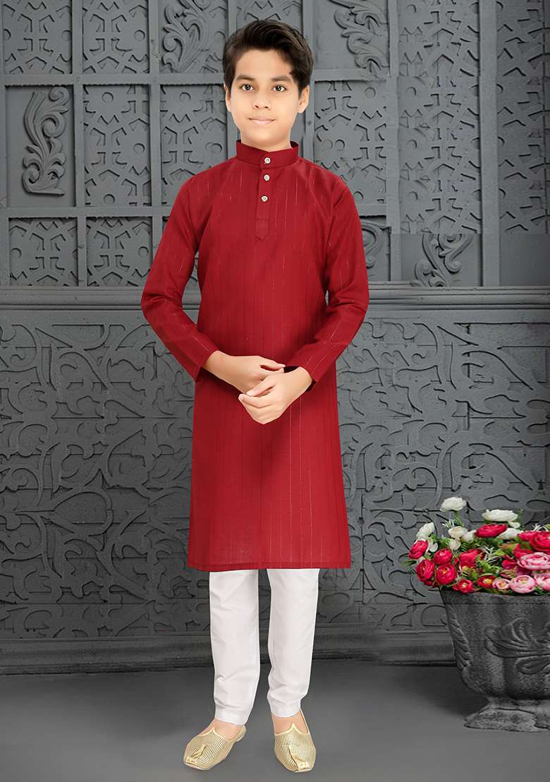 Red Cotton Blend Kurta Set For Boys - Indya