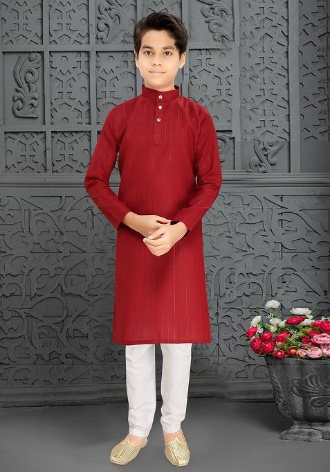 Red Cotton Blend Kurta Set For Boys