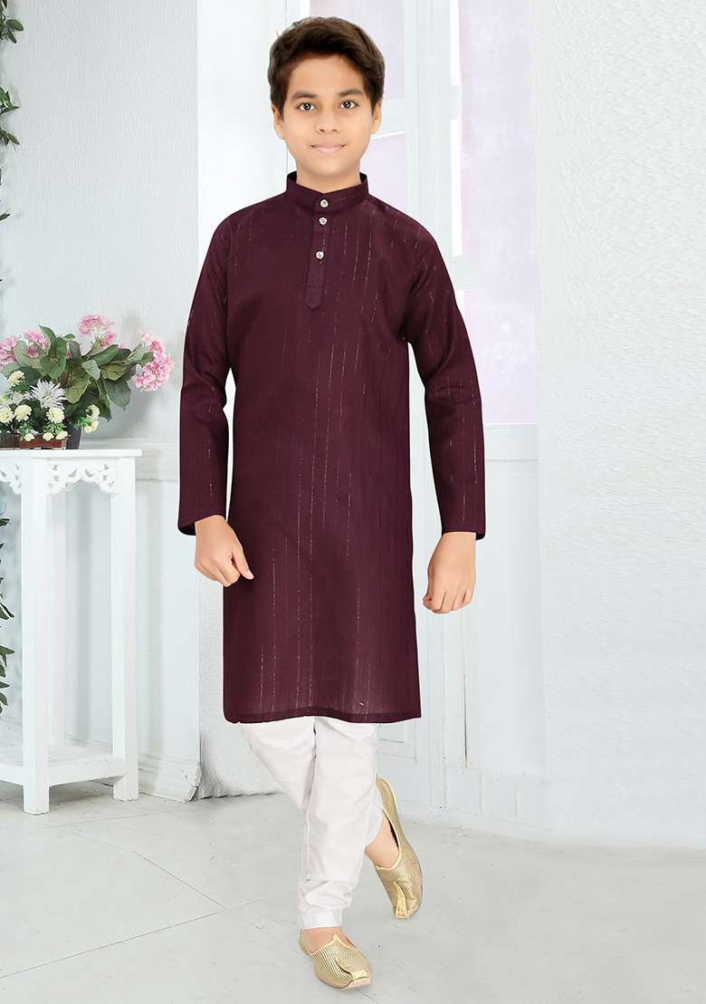 Wine Cotton Blend Kurta Set For Boys - Indya