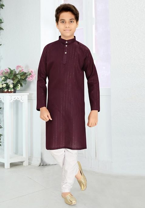 Wine Cotton Blend Kurta Set For Boys