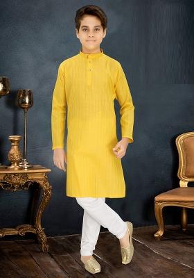 Yellow Cotton Blend Kurta Set For Boys