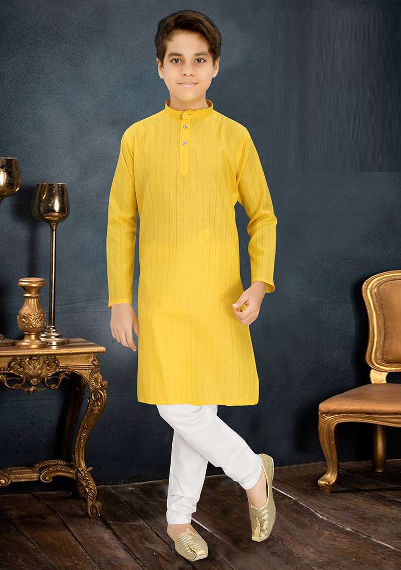 Yellow Cotton Blend Kurta Set For Boys - Indya