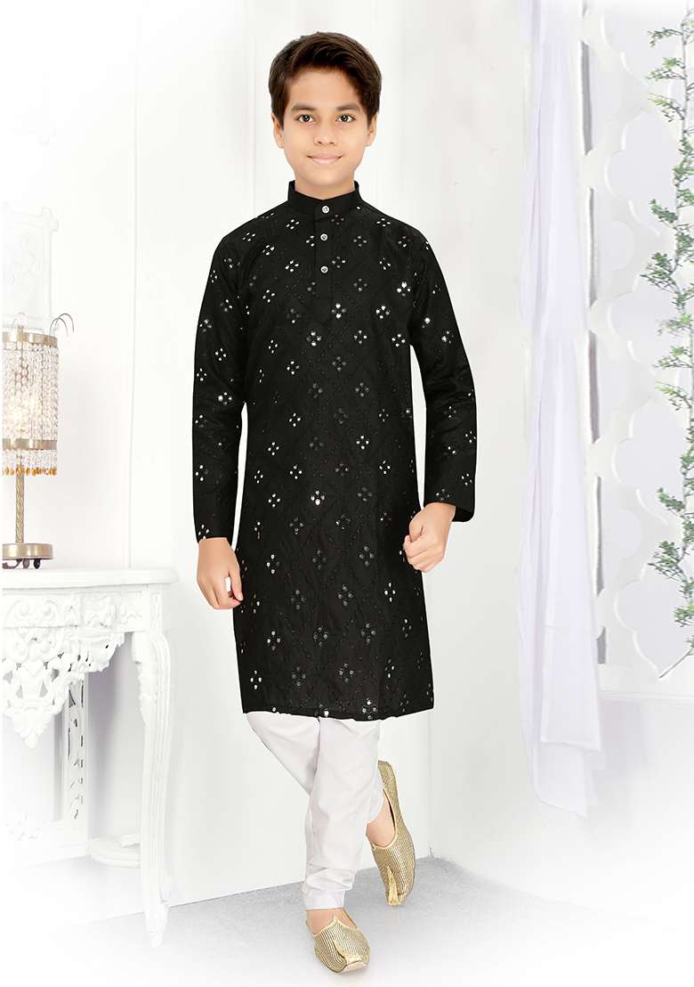 Black Cotton Blend Kurta Set For Boys - Indya