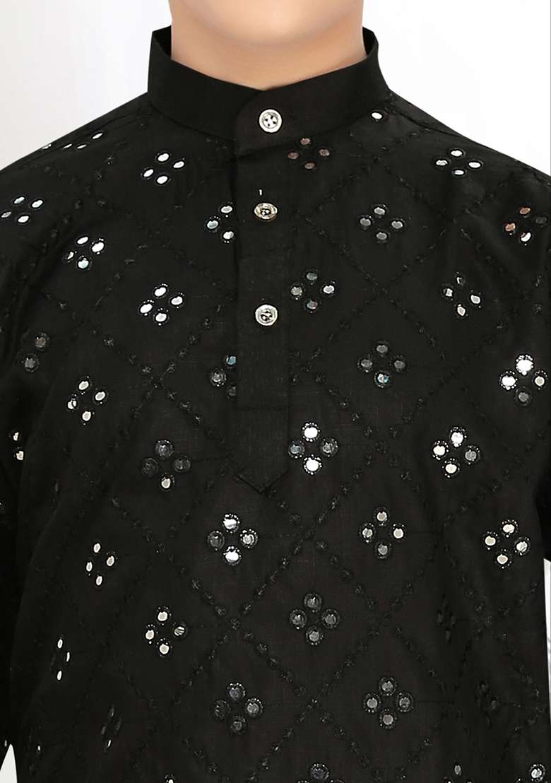 Black Cotton Blend Kurta Set For Boys - Indya