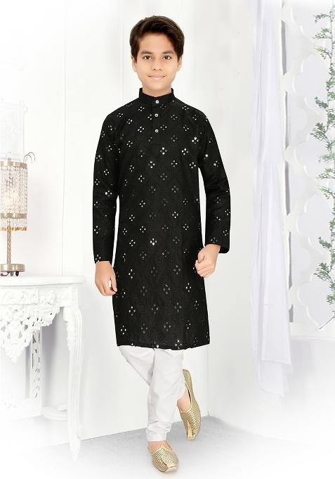 Black Cotton Blend Kurta Set For Boys