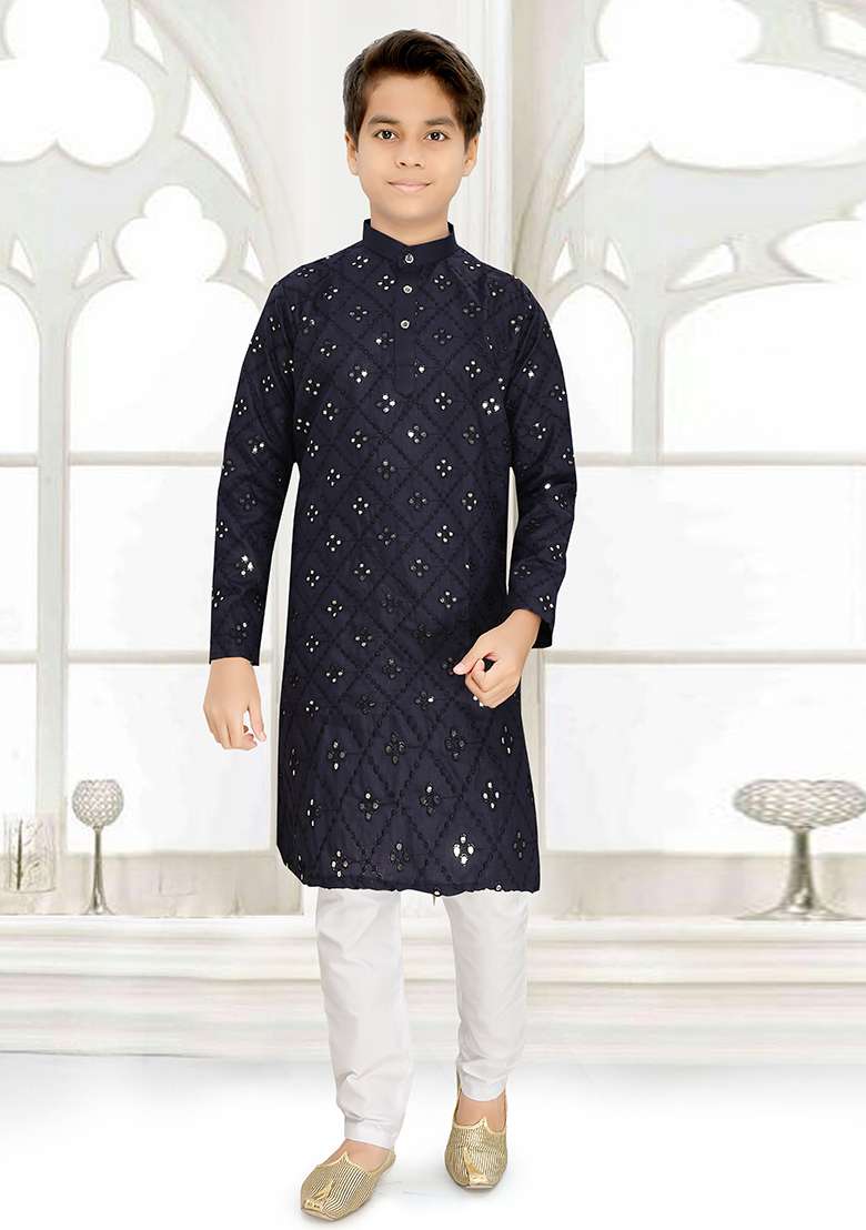 Blue Cotton Blend Kurta Set For Boys - Indya