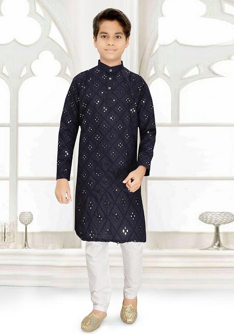 Blue Cotton Blend Kurta Set For Boys