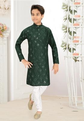 Green Cotton Blend Kurta Set For Boys