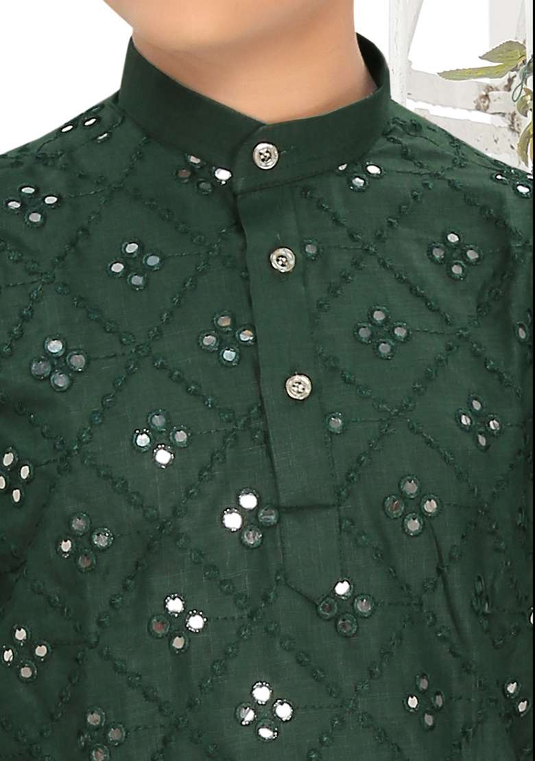 Green Cotton Blend Kurta Set For Boys - Indya