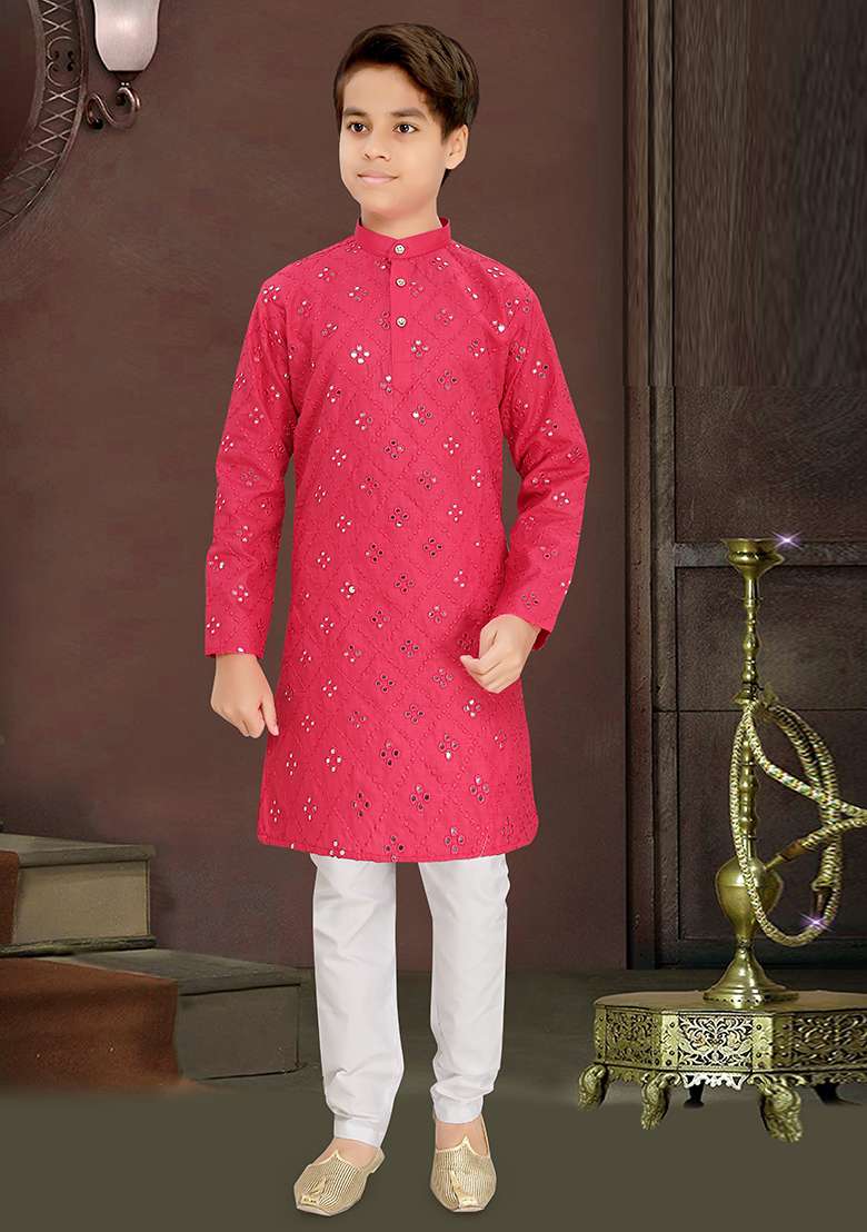 Pink Cotton Blend Kurta Set For Boys - Indya