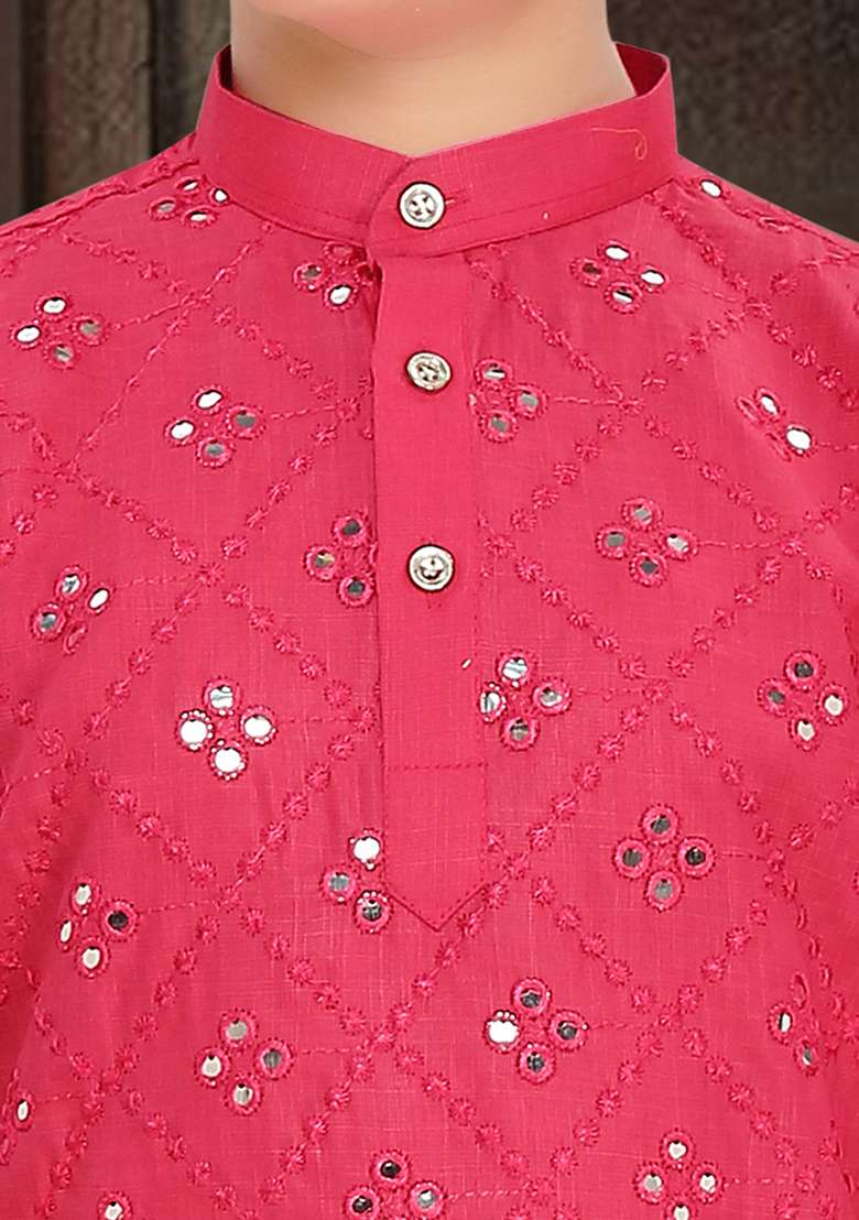 Pink Cotton Blend Kurta Set For Boys - Indya