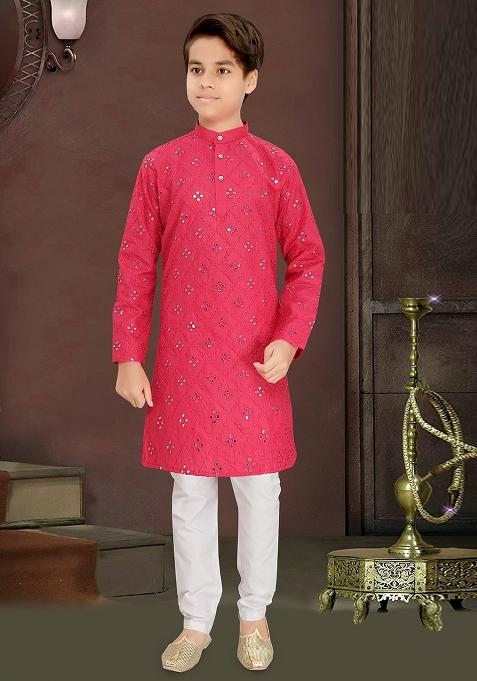 Pink Cotton Blend Kurta Set For Boys