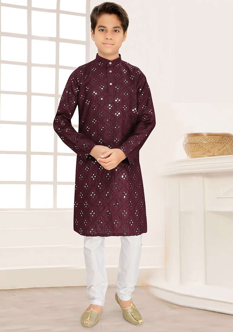 Wine Cotton Blend Kurta Set For Boys - Indya