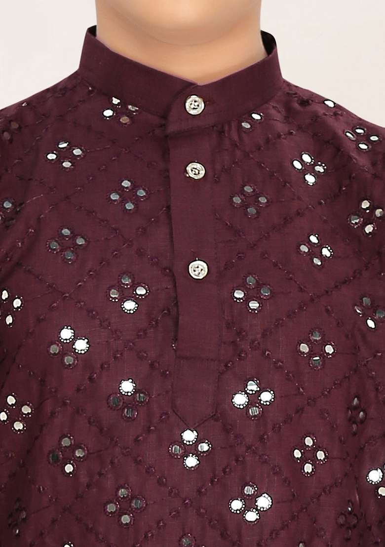 Wine Cotton Blend Kurta Set For Boys - Indya