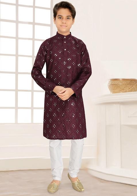 Wine Cotton Blend Kurta Set For Boys