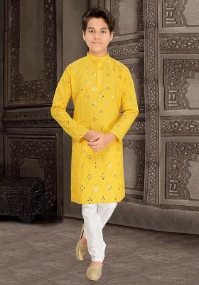 Yellow Cotton Blend Kurta Set For Boys