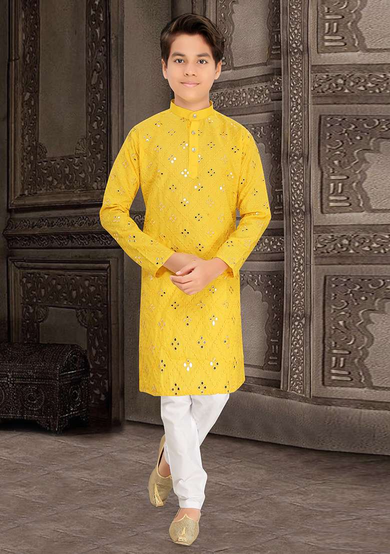 Yellow Cotton Blend Kurta Set For Boys - Indya