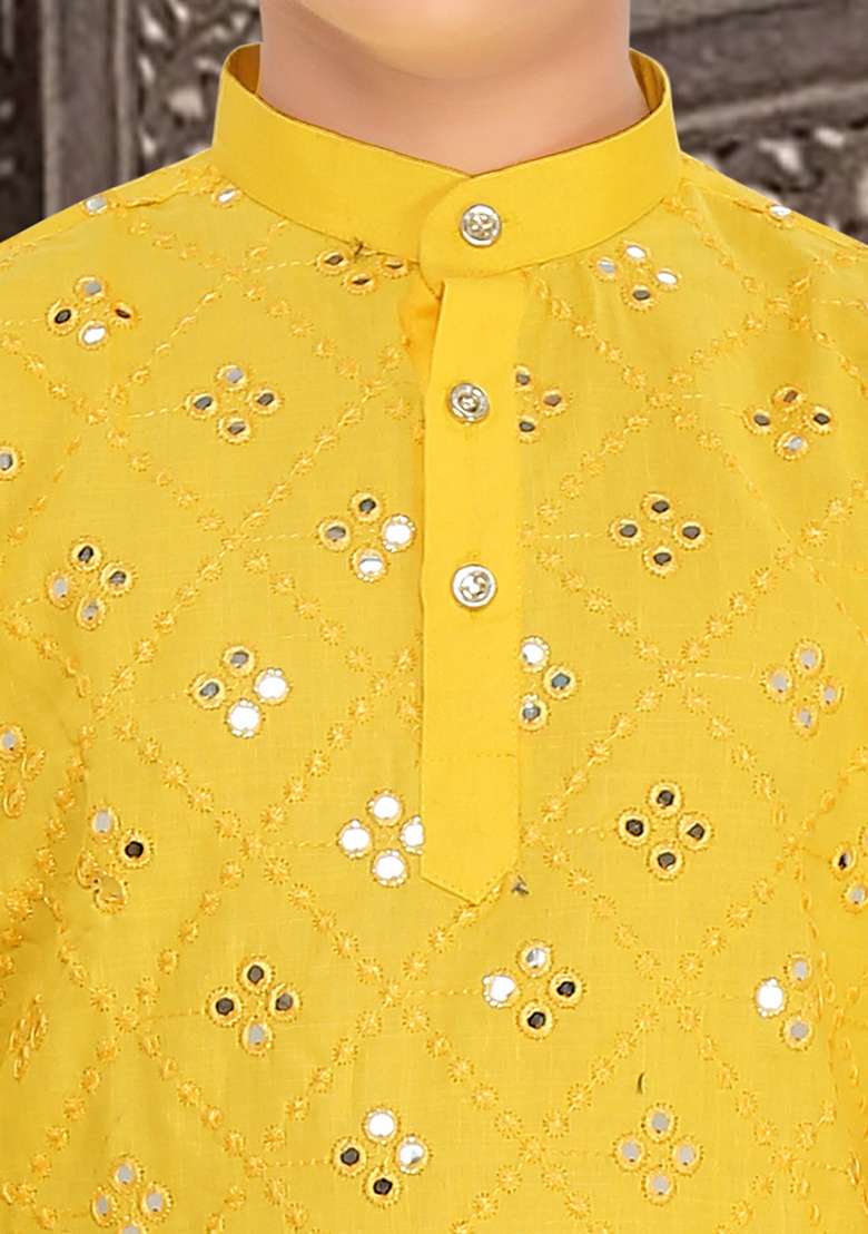 Yellow Cotton Blend Kurta Set For Boys - Indya