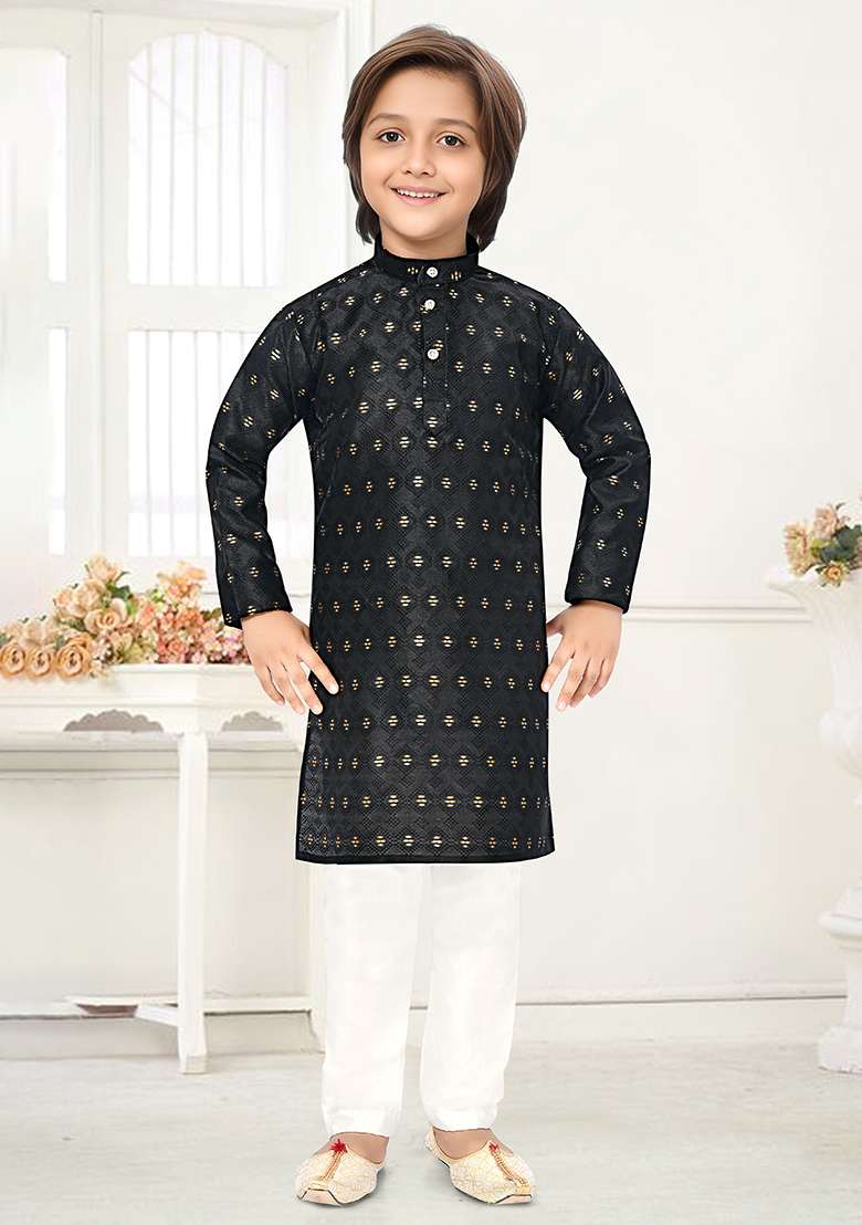 Black Jacquard Kurta Set For Boys - Indya