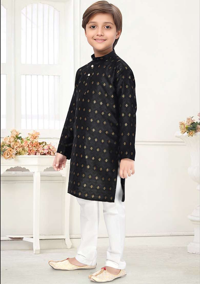 Black Jacquard Kurta Set For Boys - Indya