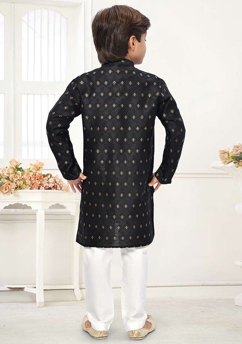 Black Jacquard Kurta Set For Boys - Indya