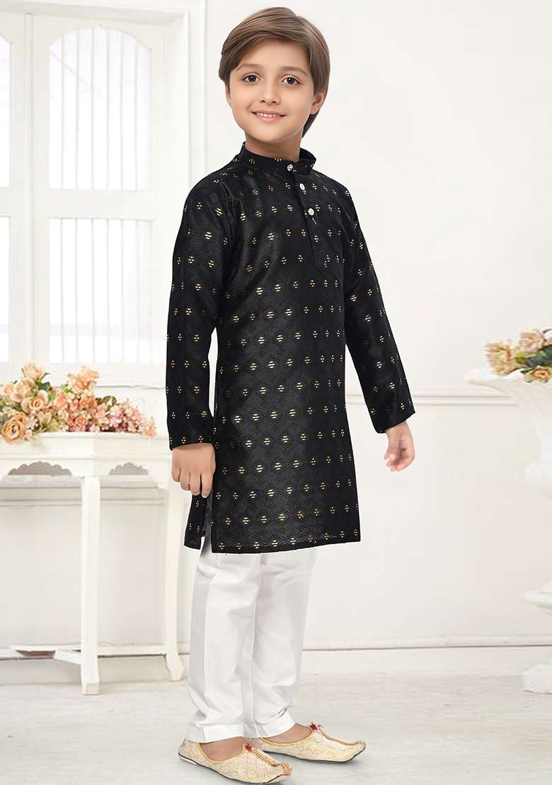 Black Jacquard Kurta Set For Boys - Indya