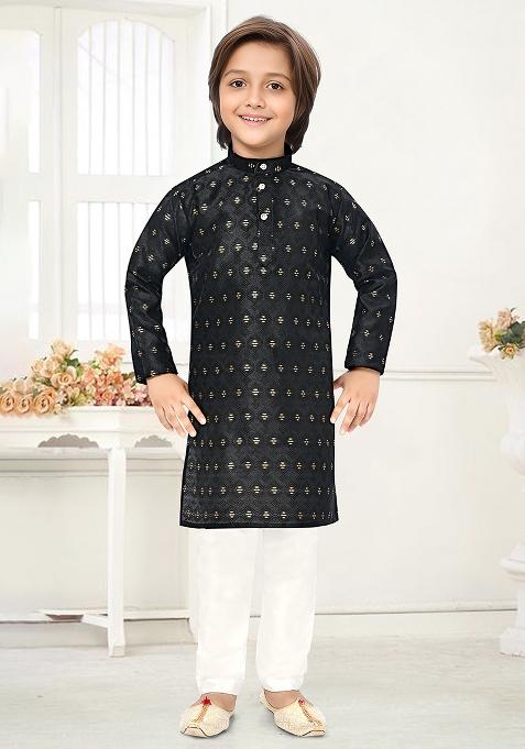 Black Jacquard Kurta Set For Boys