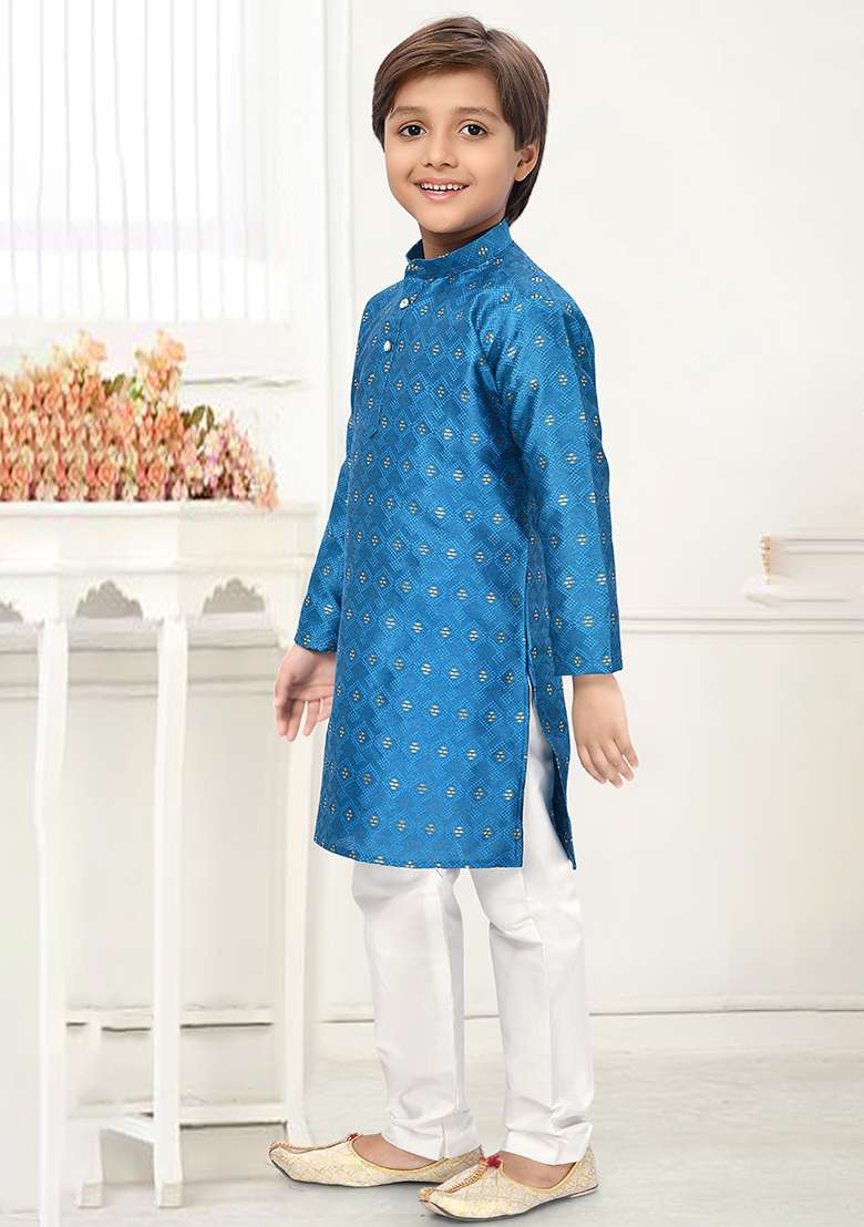 Blue Jacquard Kurta Set For Boys - Indya