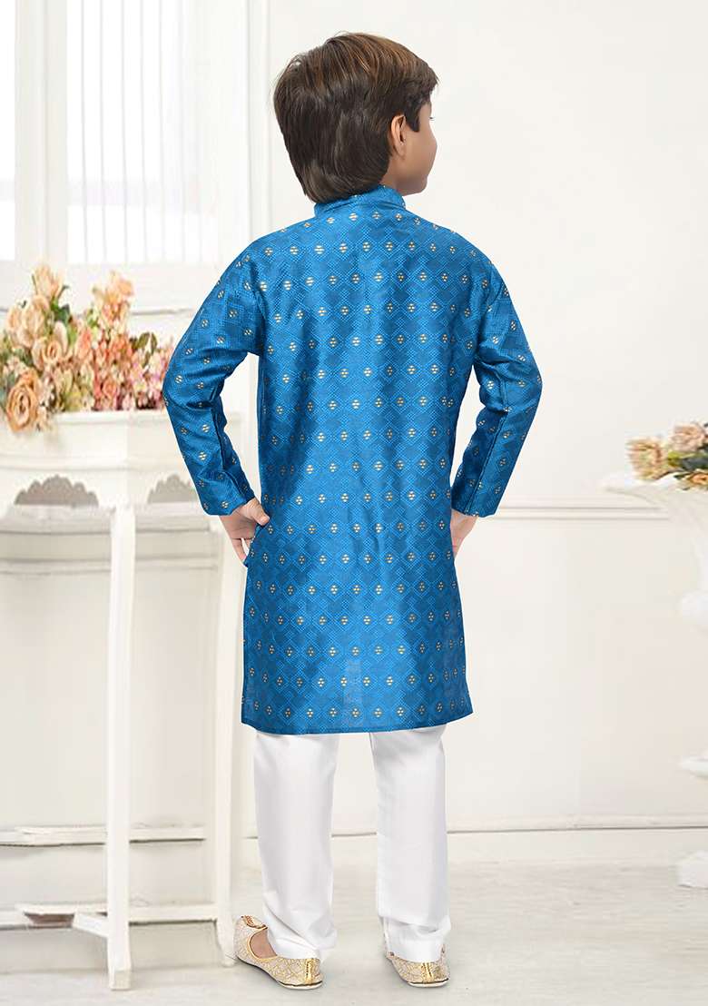 Blue Jacquard Kurta Set For Boys - Indya