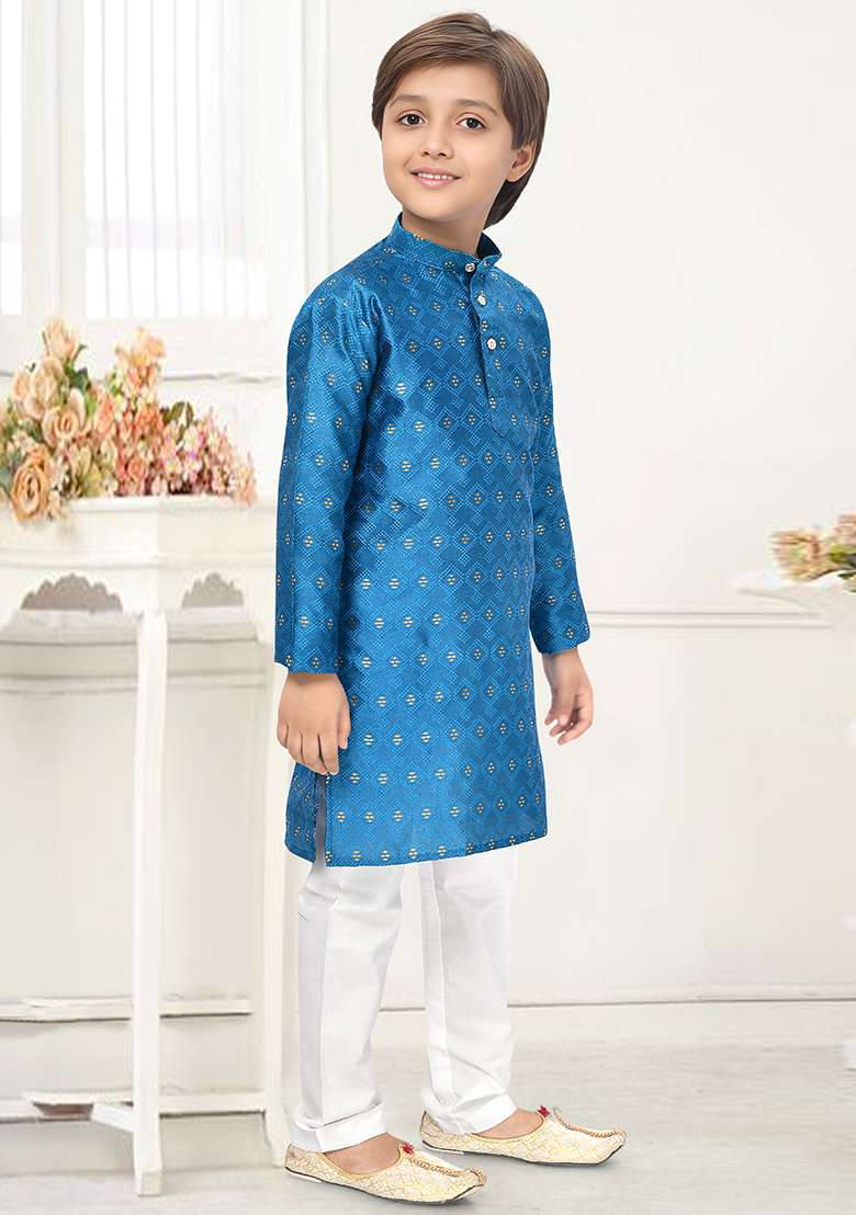 Blue Jacquard Kurta Set For Boys - Indya