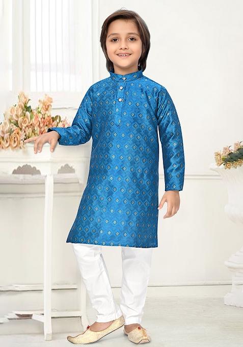Blue Jacquard Kurta Set For Boys
