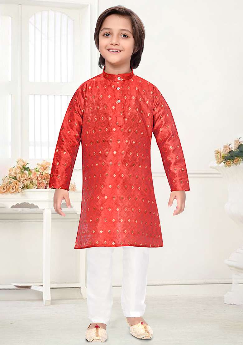 Orange Jacquard Kurta Set For Boys - Indya
