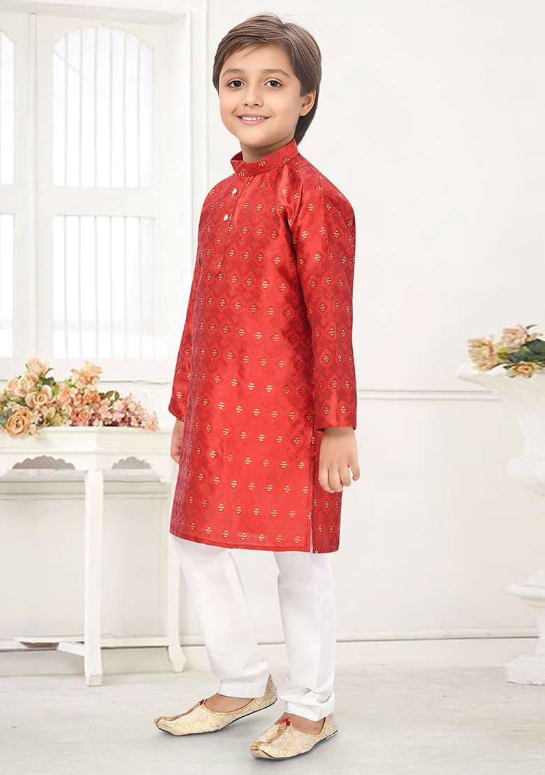 Orange Jacquard Kurta Set For Boys - Indya