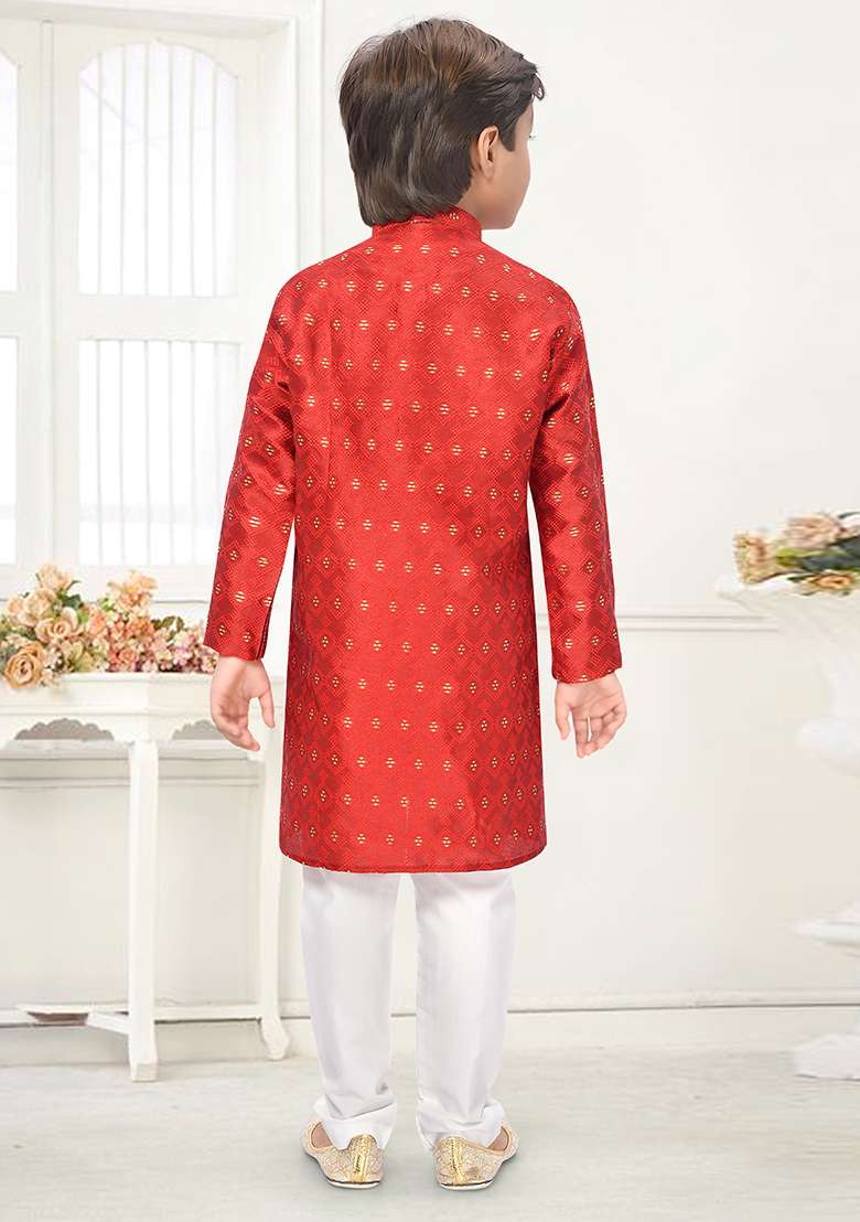 Orange Jacquard Kurta Set For Boys - Indya