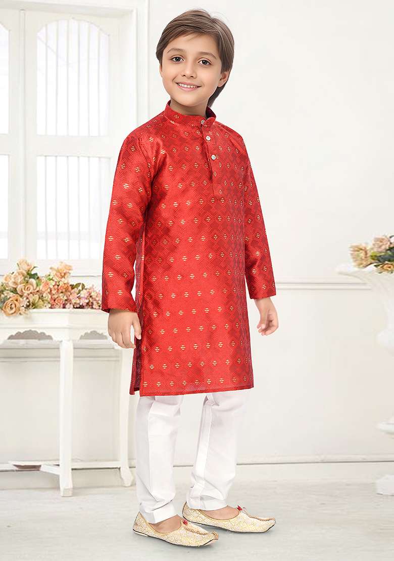Orange Jacquard Kurta Set For Boys - Indya