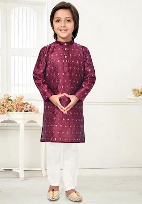 Wine Jacquard Kurta Set For Boys