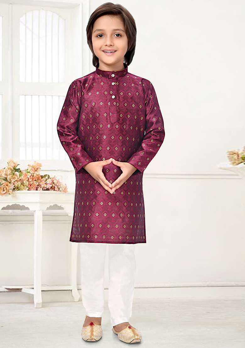 Wine Jacquard Kurta Set For Boys - Indya