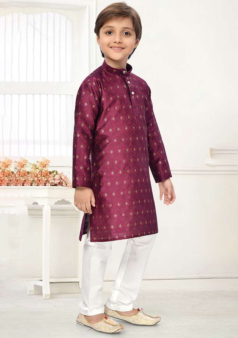 Wine Jacquard Kurta Set For Boys - Indya