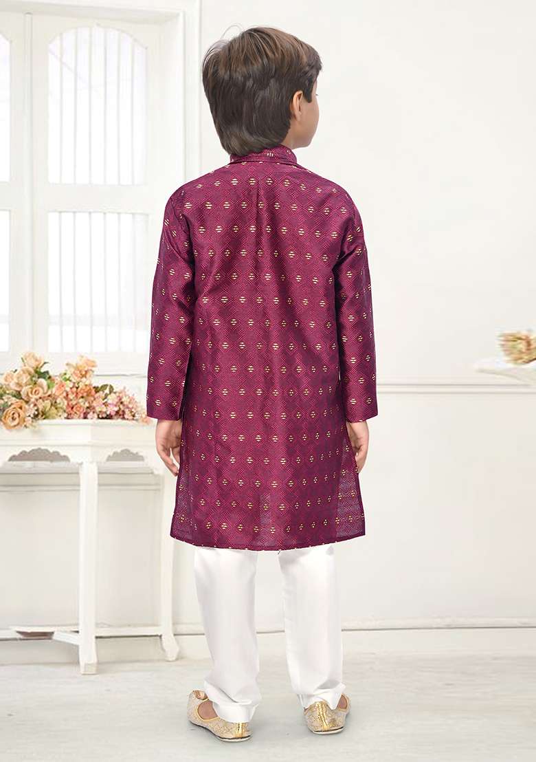Wine Jacquard Kurta Set For Boys - Indya