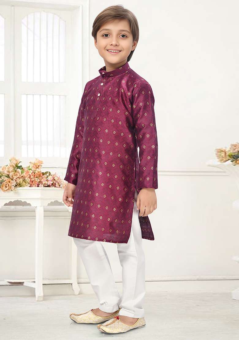 Wine Jacquard Kurta Set For Boys - Indya