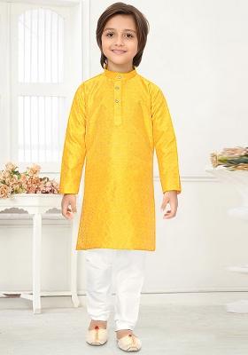 Yellow Jacquard Kurta Set For Boys