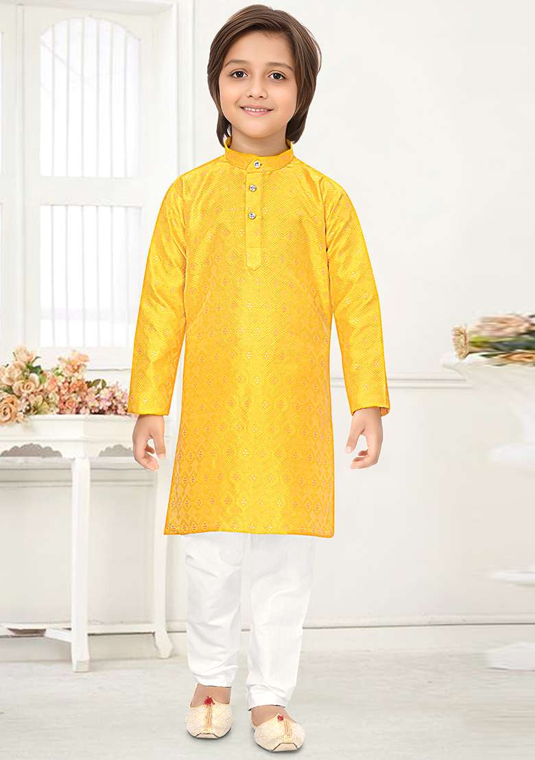 Yellow Jacquard Kurta Set For Boys - Indya