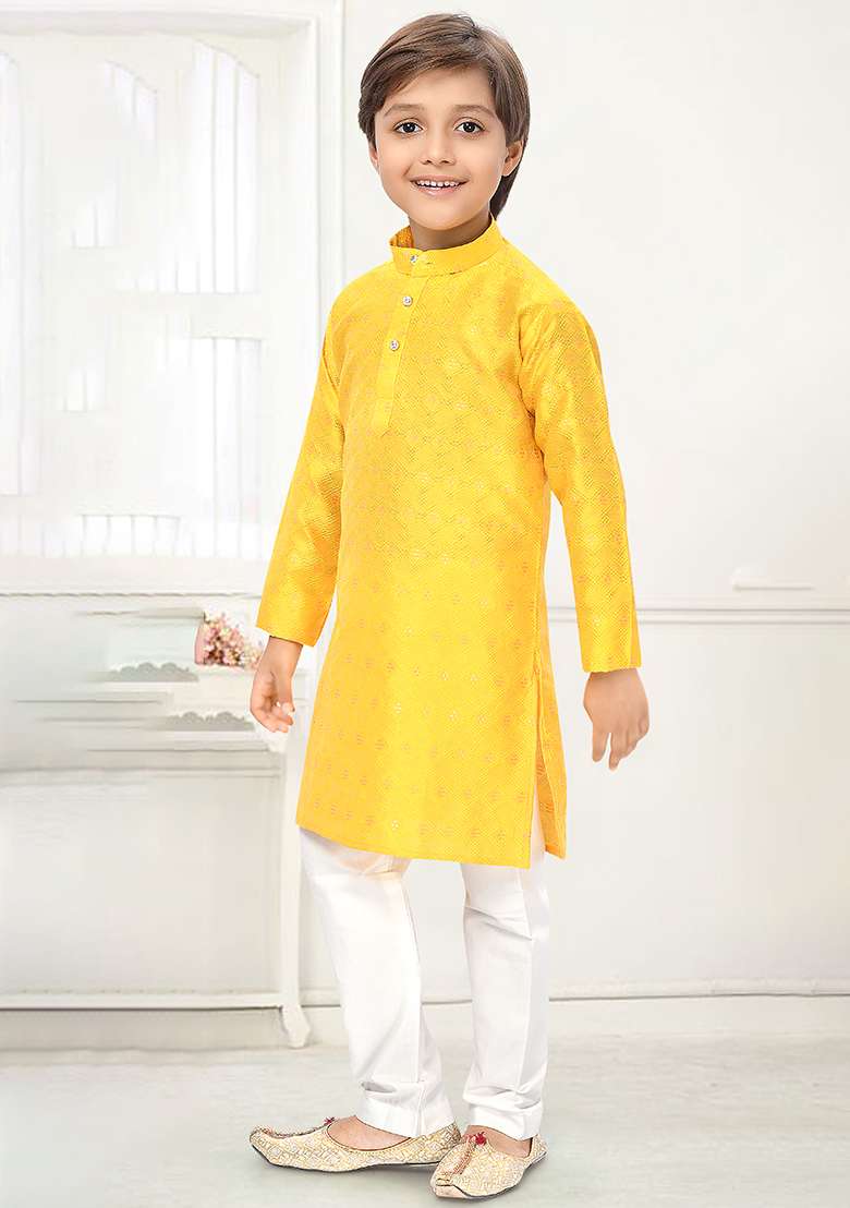 Yellow Jacquard Kurta Set For Boys - Indya