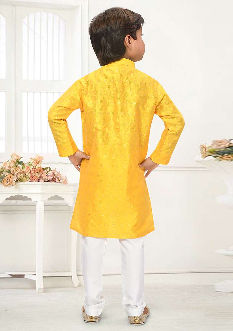 Yellow Jacquard Kurta Set For Boys - Indya