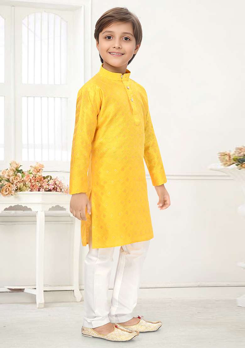 Yellow Jacquard Kurta Set For Boys - Indya