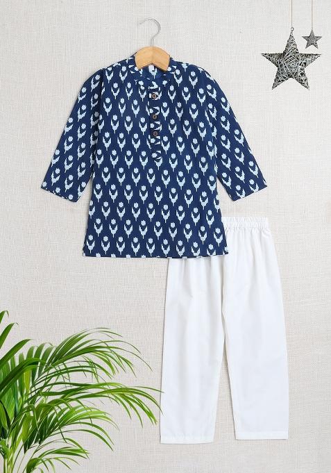 Blue Embellished Cotton Kurta Set For Boys