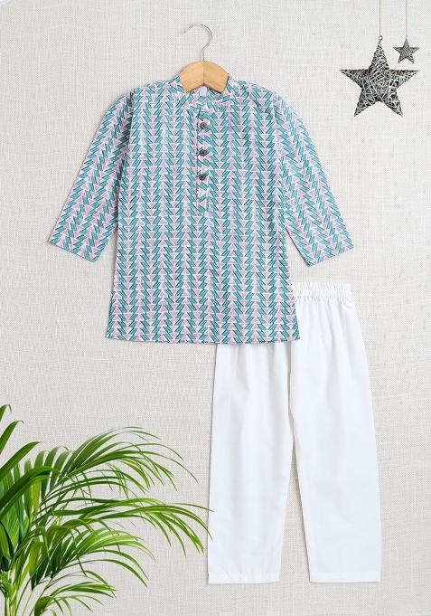 Blue Embellished Cotton Kurta Set For Boys
