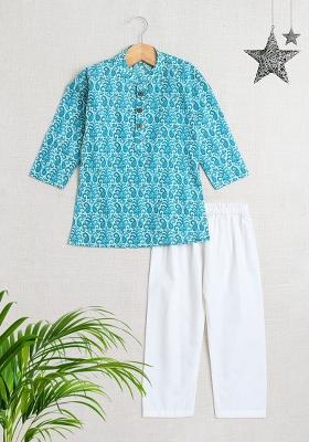Blue Embellished Cotton Kurta Set For Boys